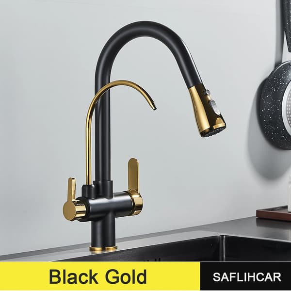 Svart Guld Kökskran, Utdragbar Spray, Varmt och Kallt Vatten Funktion, Hållbart Mässingsmaterial,Svart Guld