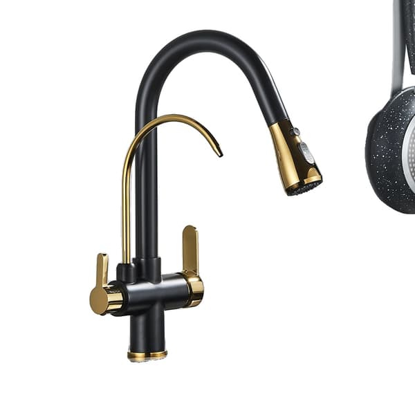 Svart Guld Kökskran, Utdragbar Spray, Varmt och Kallt Vatten Funktion, Hållbart Mässingsmaterial,Svart Guld