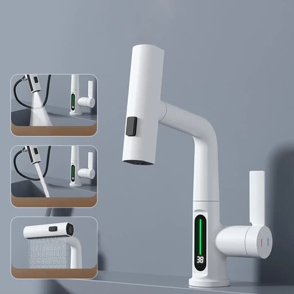 Smart Digital Display Basin Faucet, Temperaturkänslig, Med Utdragbar Funktion,vit