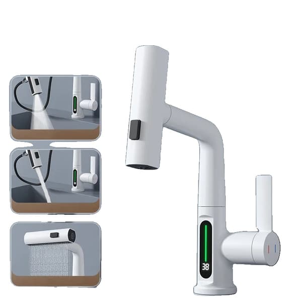 Smart Digital Display Basin Faucet, Temperaturkänslig, Med Utdragbar Funktion,vit