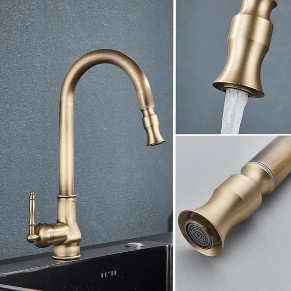 Træk ud køkkenarmatur, enkelt håndtag design, elegant messing finish,antik messing