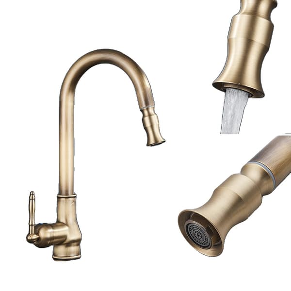 Træk ud køkkenarmatur, enkelt håndtag design, elegant messing finish,antik messing