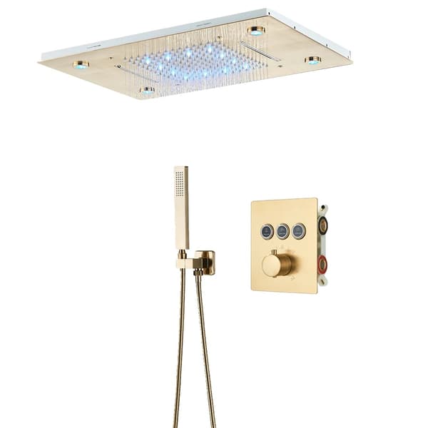 LED Regnbruserhane, Termostatisk Kontrol, 36*50cm Messing Bruserhoved,Børstet Guld Sæt