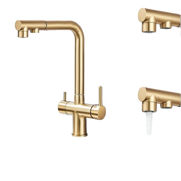 Filtreret køkkenarmatur, dobbelt sprøjtefunktion, moderne design,Børstet Guld opgradering