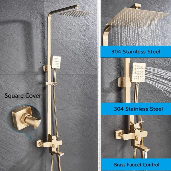 Chrome Badbruserarmatur, Justerbar Højde 70cm-120cm, 8 Tommer Regnfall Bruserhoved,Børstet Guld