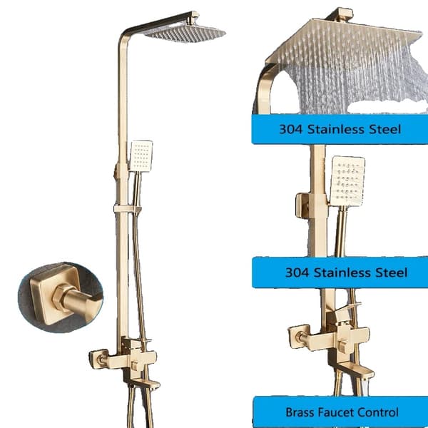 Chrome Badbruserarmatur, Justerbar Højde 70cm-120cm, 8 Tommer Regnfall Bruserhoved,Børstet Guld