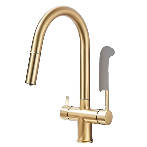 Messing Køkkenarmatur, Dobbelt Håndtag Design, Udtrækkelig Sprøjte, Koldt og Varmt Vand,Børstet Guld