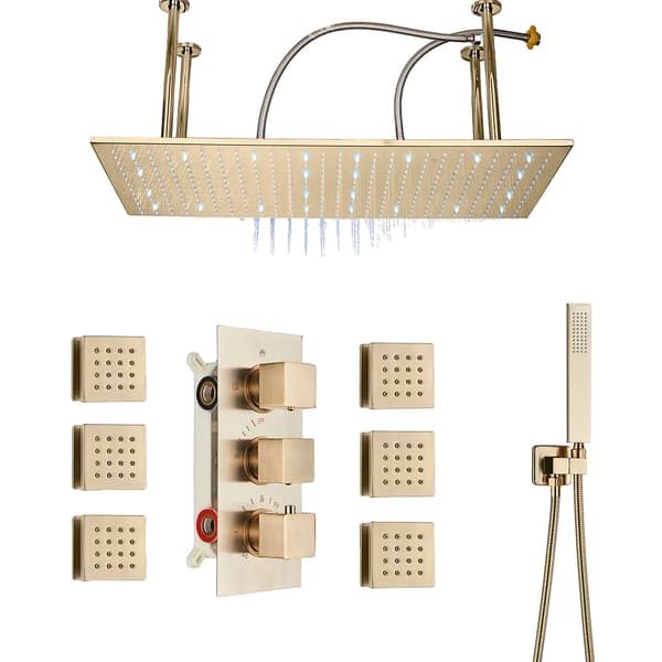 Børstet Guld Bruser Sæt, Termostatisk Kontrol, Triple Håndtag Design,Børstet Guld
