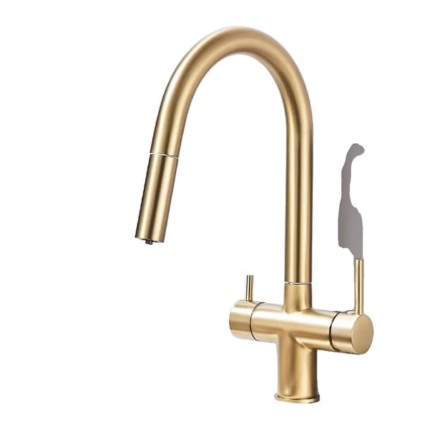 Køkkenfiltervandhane, dobbelt håndtag design, varmt og koldt vandforsyning,Børstet Guld