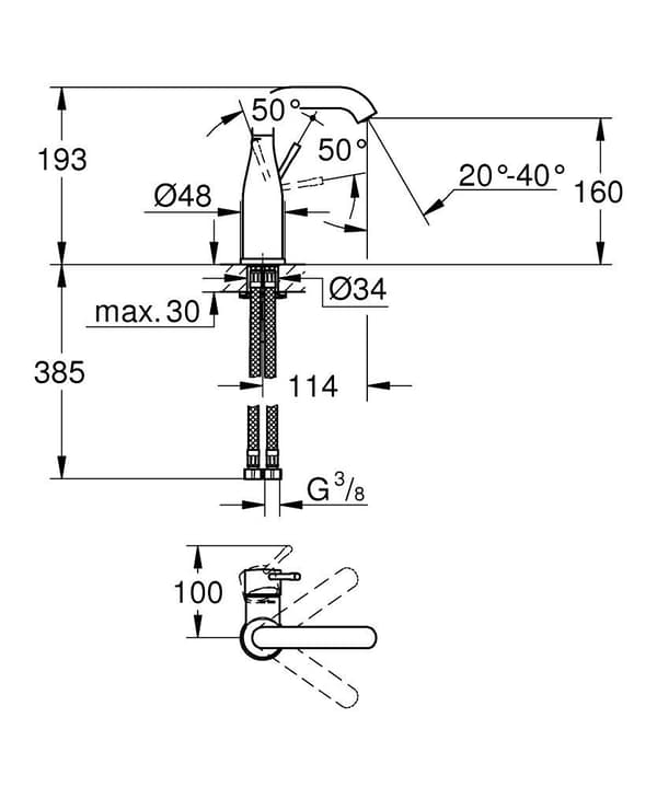 Grohe Essence M håndvaskarmatur, keramisk patron, vandforbrug 5,7 l/min., svingtud, uden bundventil, sort