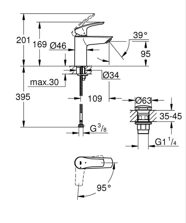 Grohe Eurosmart etgrebs håndvaskarmatur, størrelse S, krom, flowbegrænser 5,7 l/min., keramisk sparepatron 28 mm,