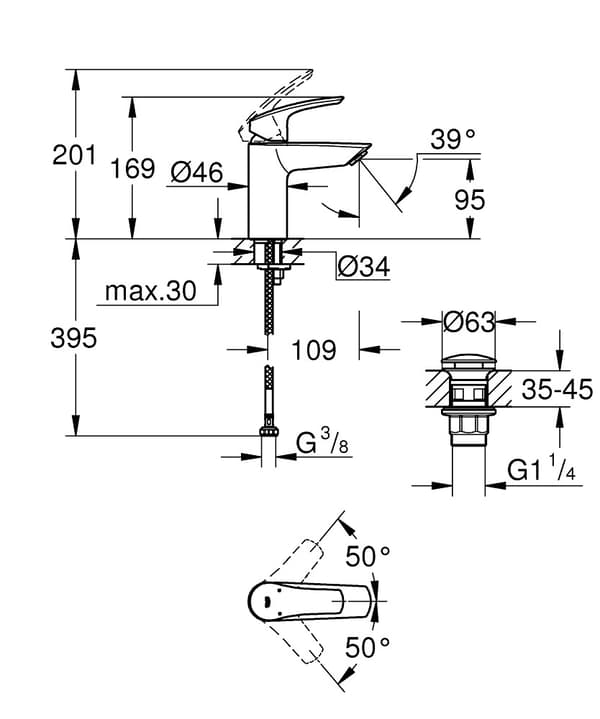 Grohe Eurosmart etgrebs håndvaskarmatur, størrelse S, krom, flowbegrænser 5,7 l/min., keramisk patron 28 mm, push-open prop,