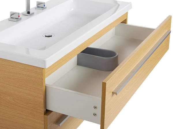 Kylpyhuoneen allaskaapisto setti beige MDF-levy laatikoilla peili pesuallas kaappi moderni tyyli