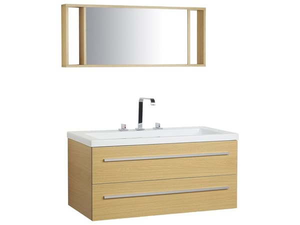 Kylpyhuoneen allaskaapisto setti beige MDF-levy laatikoilla peili pesuallas kaappi moderni tyyli