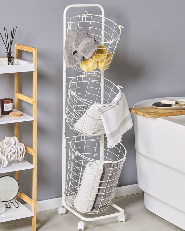 3-lags trådkurv stativ hvid pulverlakeret metal 123 x 37 x 27 cm med hjul Håndtag badeværelse Opbevaring Tilbehør til håndklæder
