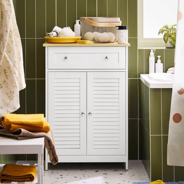 SoBuy Kylpyhuonekaappi 2 ovella ja 1 laatikko, Pituus 60 cm Leveys 35 cm Korkeus 87 cm
