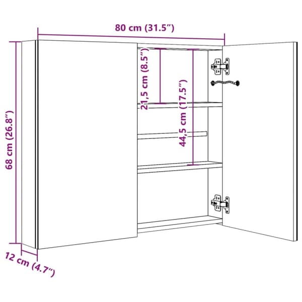vidaXL badeværelsesskab med spejl + LED-lys 80x12x68 cm skinnende grå