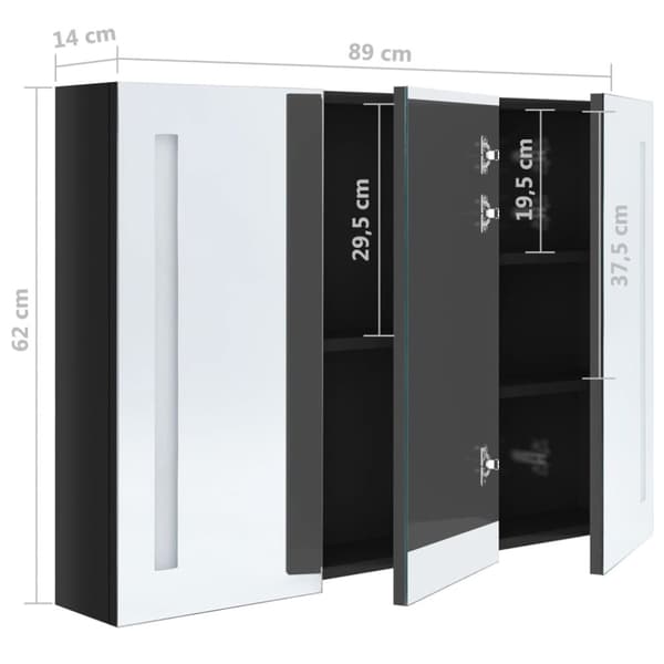 vidaXL badeværelsesskab med spejl + LED-lys 89x14x62 cm skinnende sort