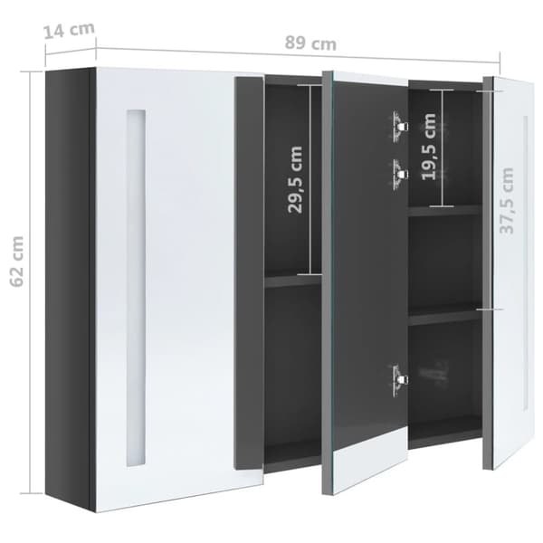 vidaXL LED kylpyhuoneen peilikaappi 89x14x62 cm kiiltävä harmaa