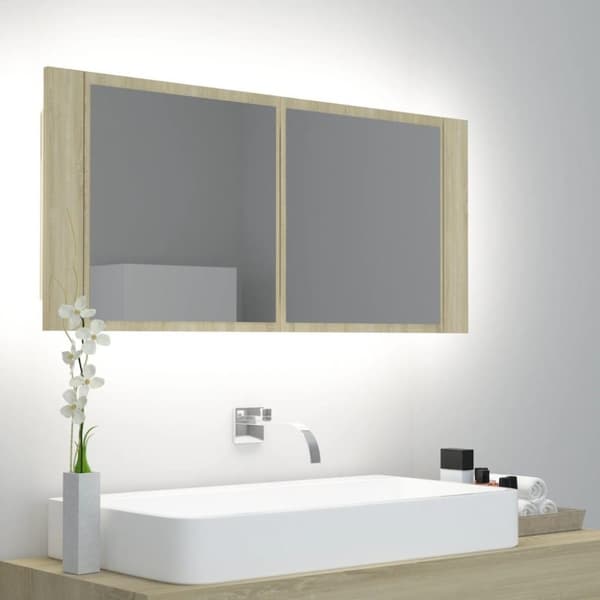 vidaXL badeværelsesskab m. spejl og LED-lys 100x12x45 akryl sonoma-eg