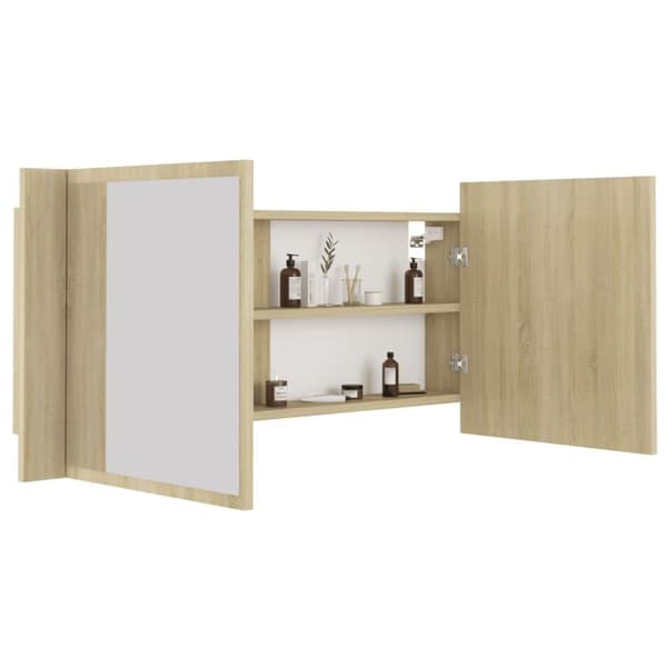 vidaXL badeværelsesskab m. spejl og LED-lys 100x12x45 akryl sonoma-eg
