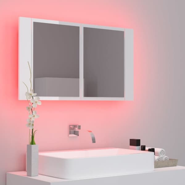 vidaXL badeværelsesskab m. spejl+LED-lys 80x12x45 akryl hvid højglans