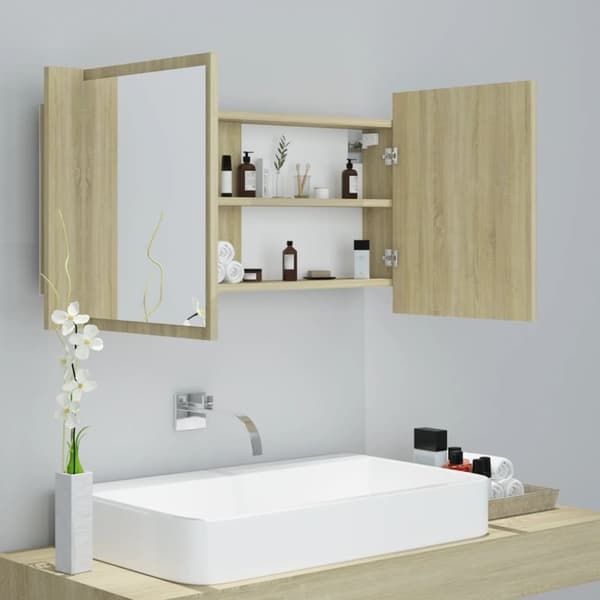 vidaXL LED-speilskap til baderom sonoma eik 90x12x45 cm akryl
