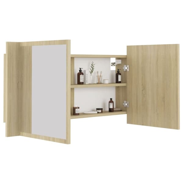 vidaXL badeværelsesskab m. spejl og LED-lys 90x12x45cm akryl sonoma-eg