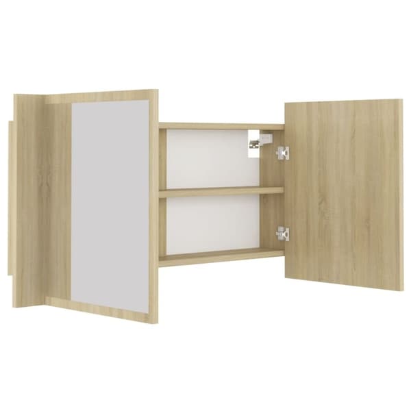 vidaXL badeværelsesskab m. spejl og LED-lys 90x12x45cm akryl sonoma-eg