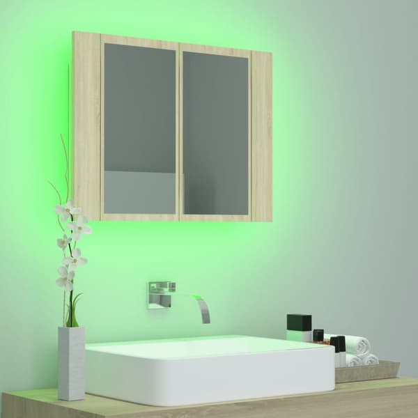 vidaXL badeværelsesskab m. spejl og LED-lys 60x12x45cm akryl sonoma-eg
