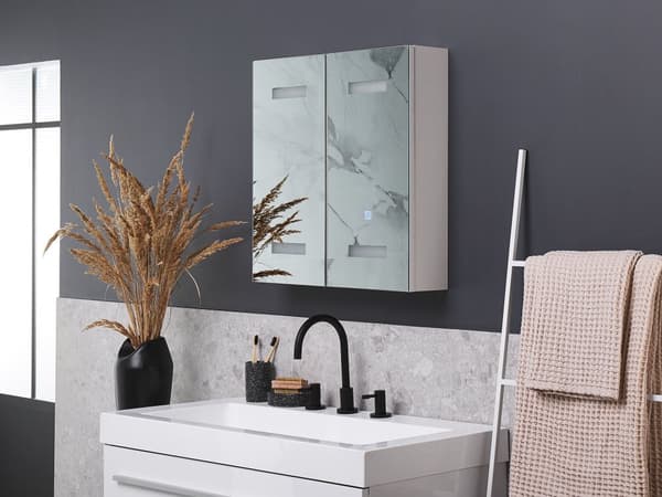 Badeværelse Spejlskab Sølv krydsfiner 60 x 60 cm Hængende 2 Låger med LED Lys