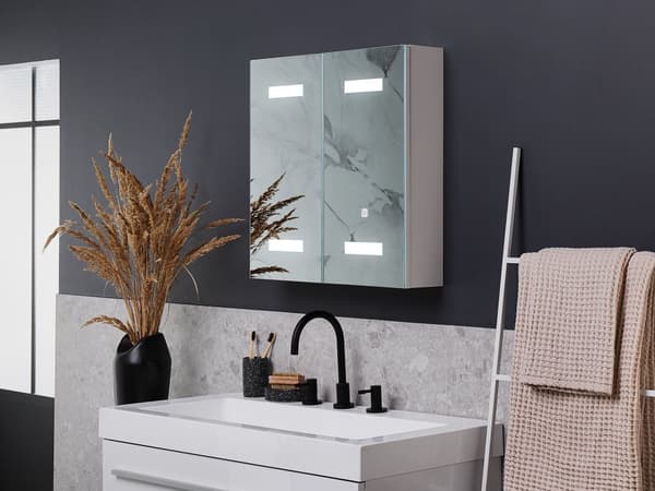 Badeværelse Spejlskab Sølv krydsfiner 60 x 60 cm Hængende 2 Låger med LED Lys