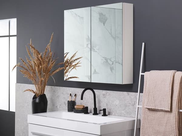 Badeværelse Spejlskab Hvid Krydsfiner 80 x 70 cm Hængende 2 Låger Skabshylder Opbevaring Moderne Stil