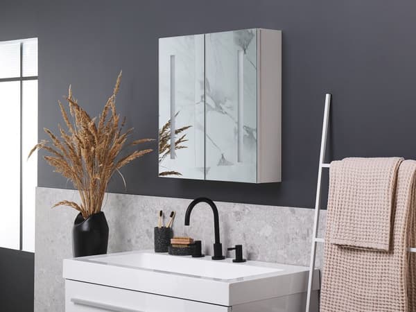 Peilikaappi valkoinen/hopea 60 x 60 cm LED-valoilla 2 ovea kylpyhuoneeseen