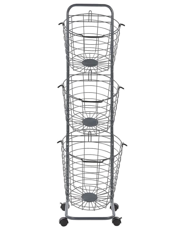 3-lags trådkurv stativ grå og sort pulverlakeret metal 123 x 37 x 27 cm med hjul Håndtag badeværelse Opbevaring Tilbehør til håndklæder