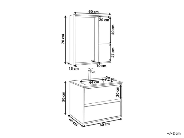 Kylpyhuoneen allaskalustesetti harmaa/vaalea puu 60 cm 4-osaa peili MDF-levy keraaminen pesuallas