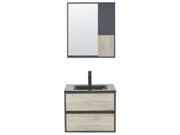 Kylpyhuoneen allaskalustesetti harmaa/vaalea puu 60 cm 4-osaa peili MDF-levy keraaminen pesuallas