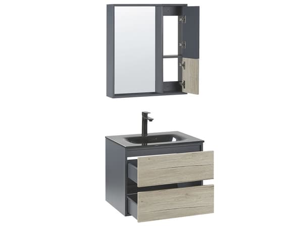 Kylpyhuoneen allaskalustesetti harmaa/vaalea puu 60 cm 4-osaa peili MDF-levy keraaminen pesuallas
