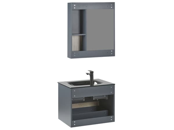 Kylpyhuoneen allaskalustesetti harmaa/vaalea puu 60 cm 4-osaa peili MDF-levy keraaminen pesuallas