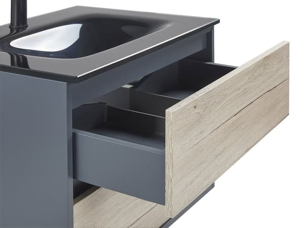 Kylpyhuoneen allaskalustesetti harmaa/vaalea puu 60 cm 4-osaa peili MDF-levy keraaminen pesuallas