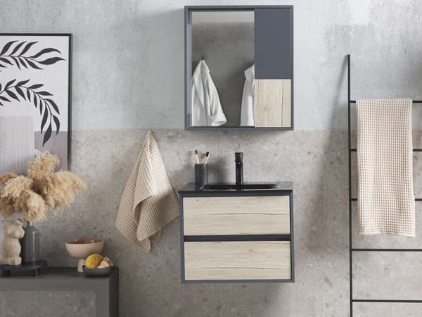 Kylpyhuoneen allaskalustesetti harmaa/vaalea puu 60 cm 4-osaa peili MDF-levy keraaminen pesuallas