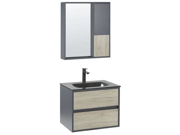 Kylpyhuoneen allaskalustesetti harmaa/vaalea puu 60 cm 4-osaa peili MDF-levy keraaminen pesuallas