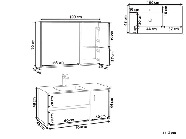 Kylpyhuoneen allaskalustesetti musta/vaalea puu 100 cm 4-osaa peili MDF-levy keraaminen pesuallas