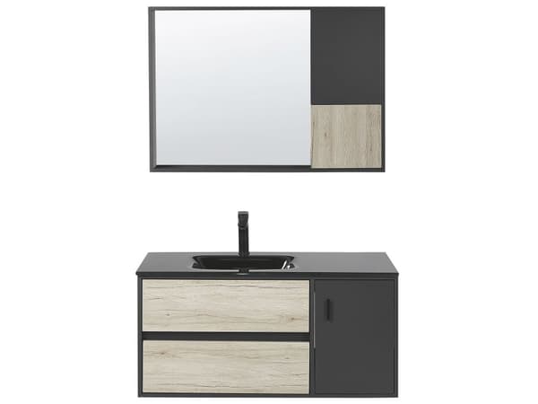 Kylpyhuoneen allaskalustesetti musta/vaalea puu 100 cm 4-osaa peili MDF-levy keraaminen pesuallas