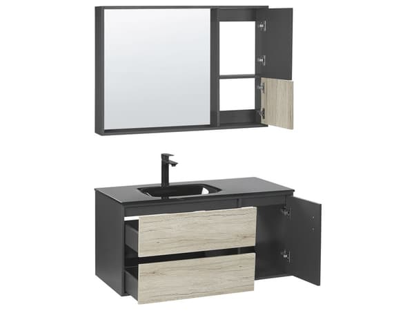 Kylpyhuoneen allaskalustesetti musta/vaalea puu 100 cm 4-osaa peili MDF-levy keraaminen pesuallas