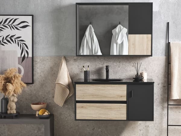Kylpyhuoneen allaskalustesetti musta/vaalea puu 100 cm 4-osaa peili MDF-levy keraaminen pesuallas