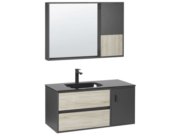 Kylpyhuoneen allaskalustesetti musta/vaalea puu 100 cm 4-osaa peili MDF-levy keraaminen pesuallas