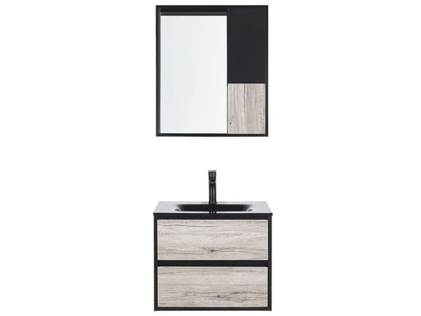 Kylpyhuoneen allaskalustesetti musta/vaalea puu 60 cm 4-osaa peili MDF-levy keraaminen pesuallas