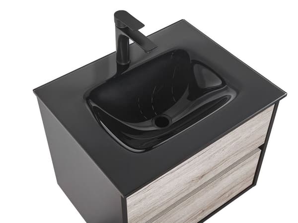 Kylpyhuoneen allaskalustesetti musta/vaalea puu 60 cm 4-osaa peili MDF-levy keraaminen pesuallas