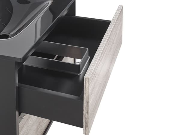 Kylpyhuoneen allaskalustesetti musta/vaalea puu 60 cm 4-osaa peili MDF-levy keraaminen pesuallas